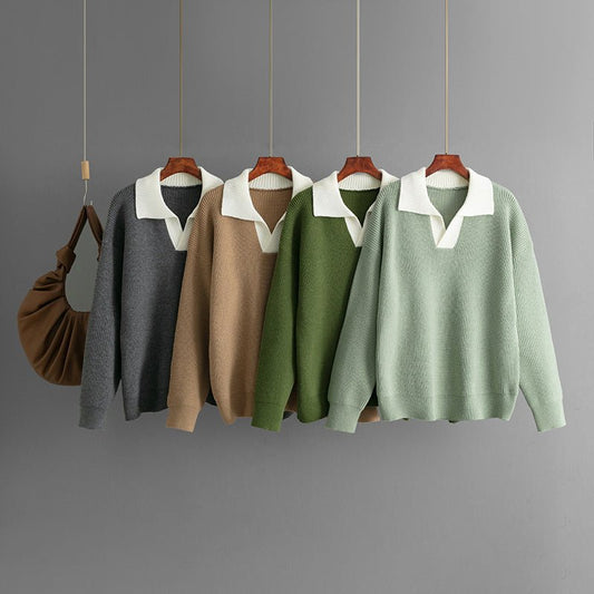 Loose Color-Block POLO Knit Pullover