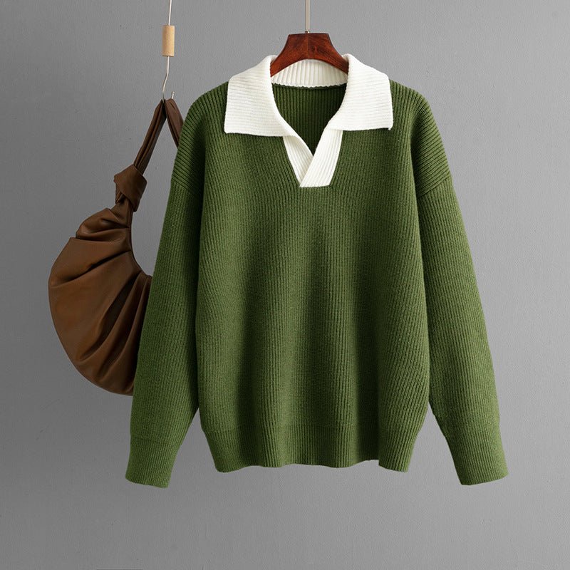 Loose Color-Block POLO Knit Pullover