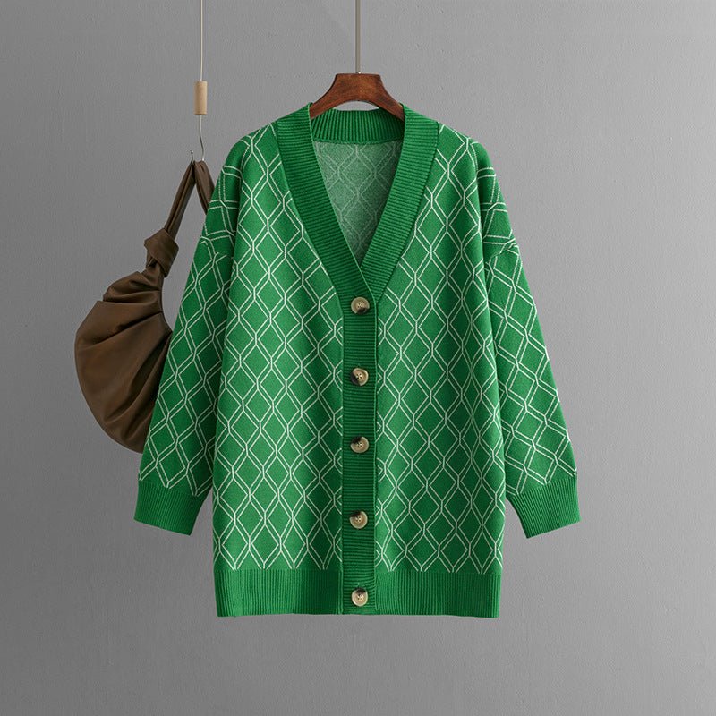 Loose Diamond Pattern V-Neck Cardigan