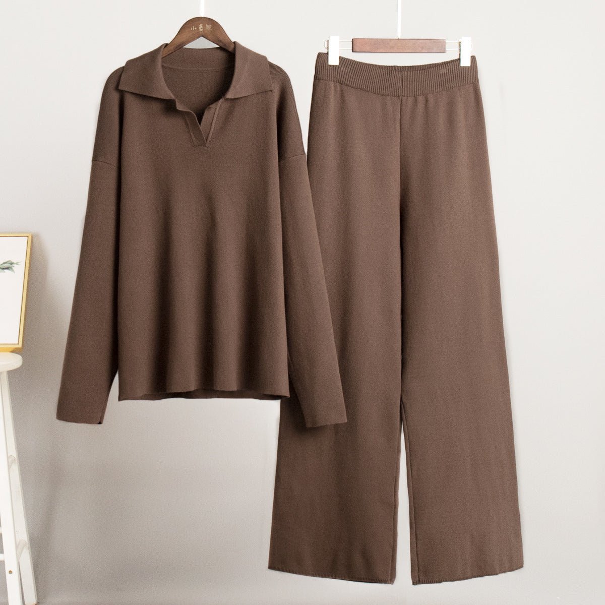 Polo Collar Knit Pullover & Wide Trousers Set