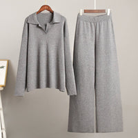Polo Collar Knit Pullover & Wide Trousers Set