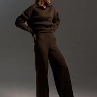 Polo Collar Knit Pullover & Wide Trousers Set
