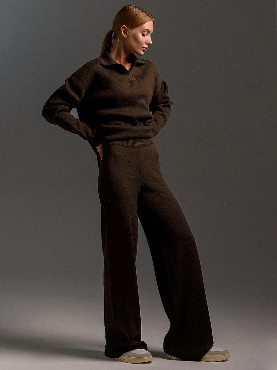 Polo Collar Knit Pullover & Wide Trousers Set