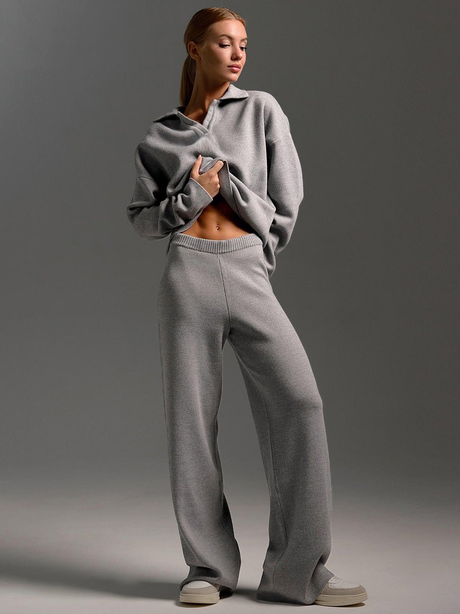 Polo Collar Knit Pullover & Wide Trousers Set