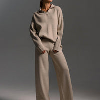 Polo Collar Knit Pullover & Wide Trousers Set