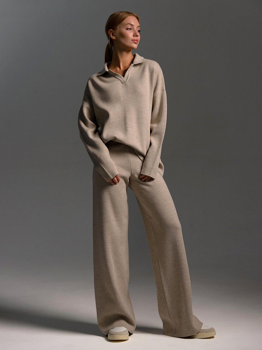 Polo Collar Knit Pullover & Wide Trousers Set