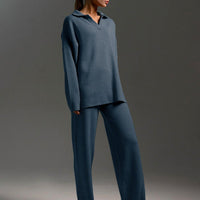 Polo Collar Knit Pullover & Wide Trousers Set