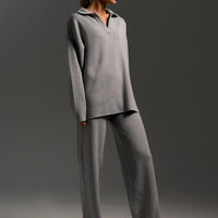 Polo Collar Knit Pullover & Wide Trousers Set