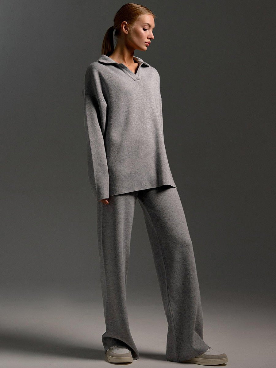 Polo Collar Knit Pullover & Wide Trousers Set
