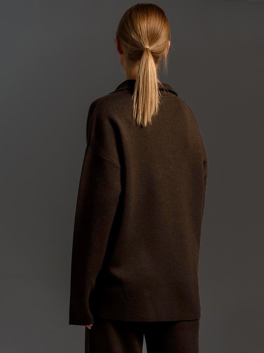 Polo Collar Knit Pullover & Wide Trousers Set