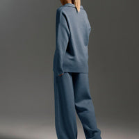 Polo Collar Knit Pullover & Wide Trousers Set