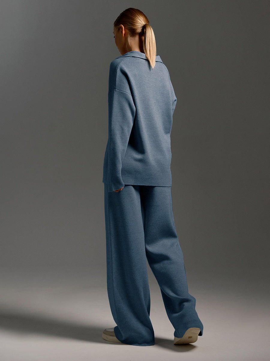 Polo Collar Knit Pullover & Wide Trousers Set