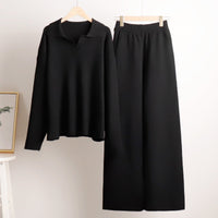 Polo Collar Knit Pullover & Wide Trousers Set