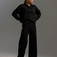 Polo Collar Knit Pullover & Wide Trousers Set