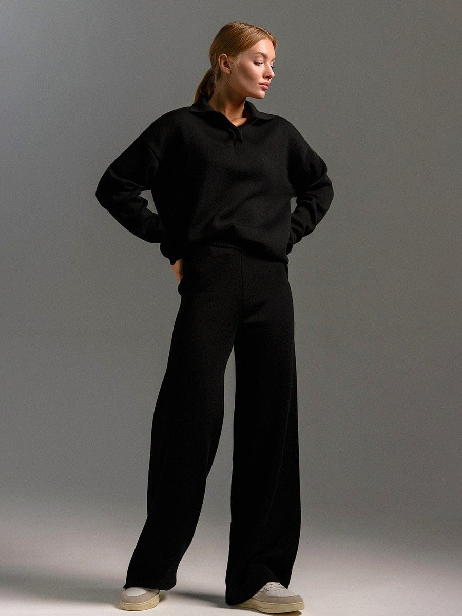 Polo Collar Knit Pullover & Wide Trousers Set
