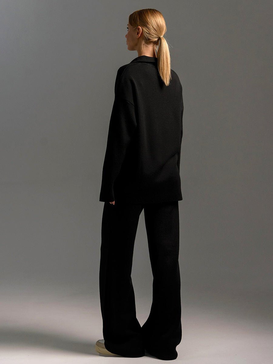 Polo Collar Knit Pullover & Wide Trousers Set