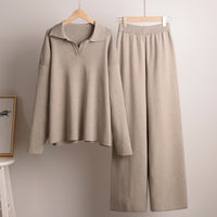 Polo Collar Knit Pullover & Wide Trousers Set