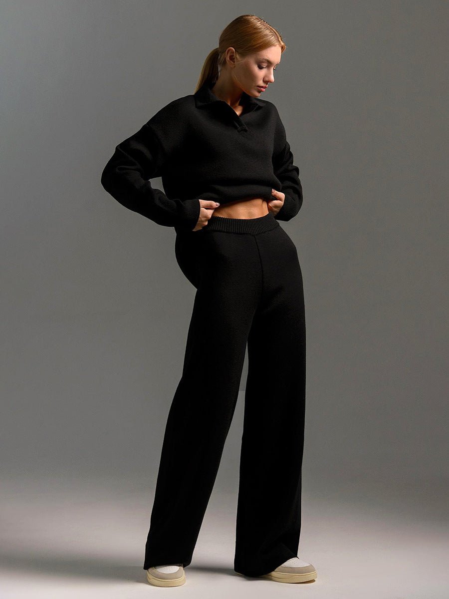 Polo Collar Knit Pullover & Wide Trousers Set