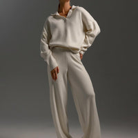 Polo Collar Knit Pullover & Wide Trousers Set