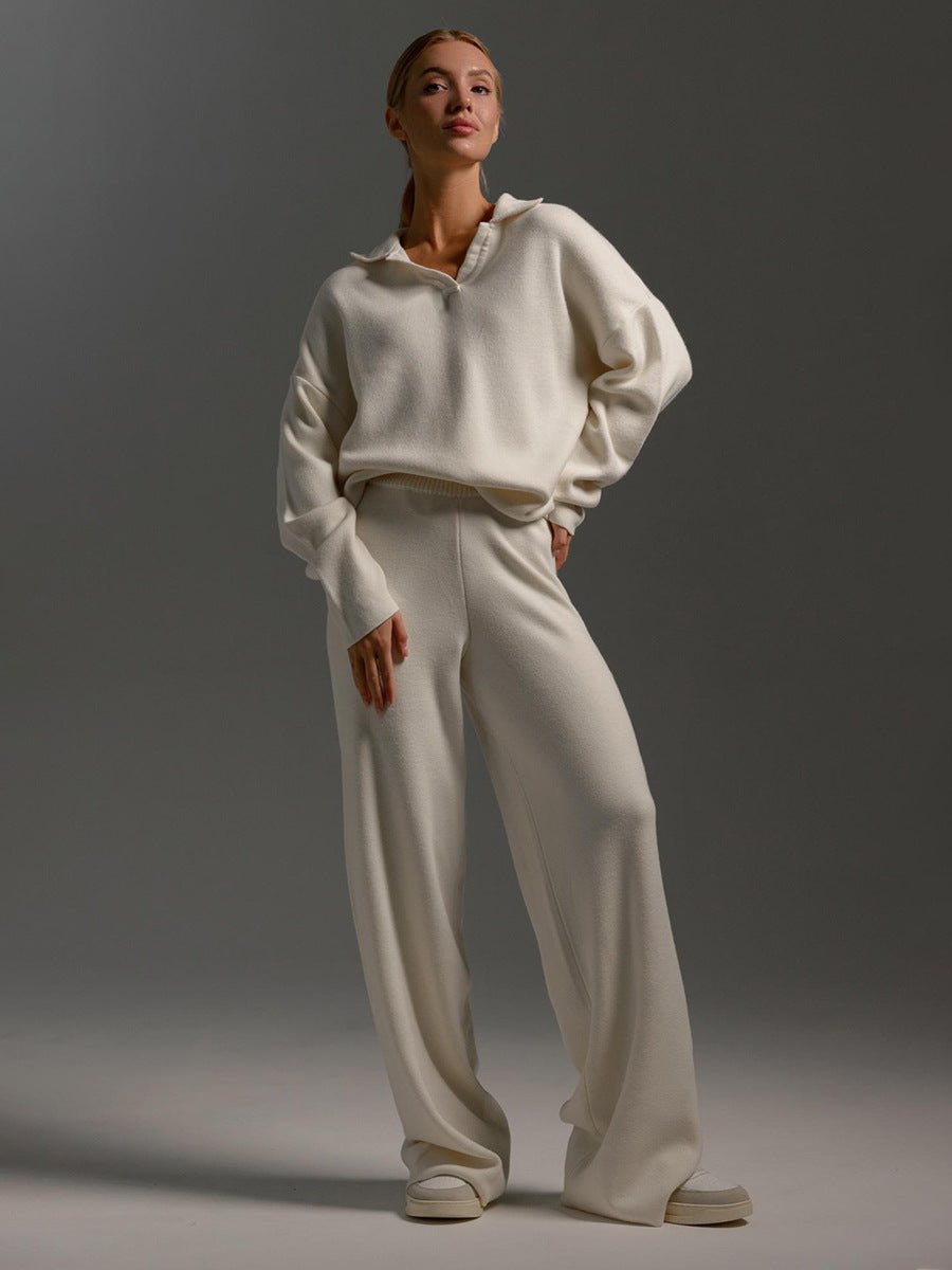 Polo Collar Knit Pullover & Wide Trousers Set