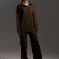 Polo Collar Knit Pullover & Wide Trousers Set