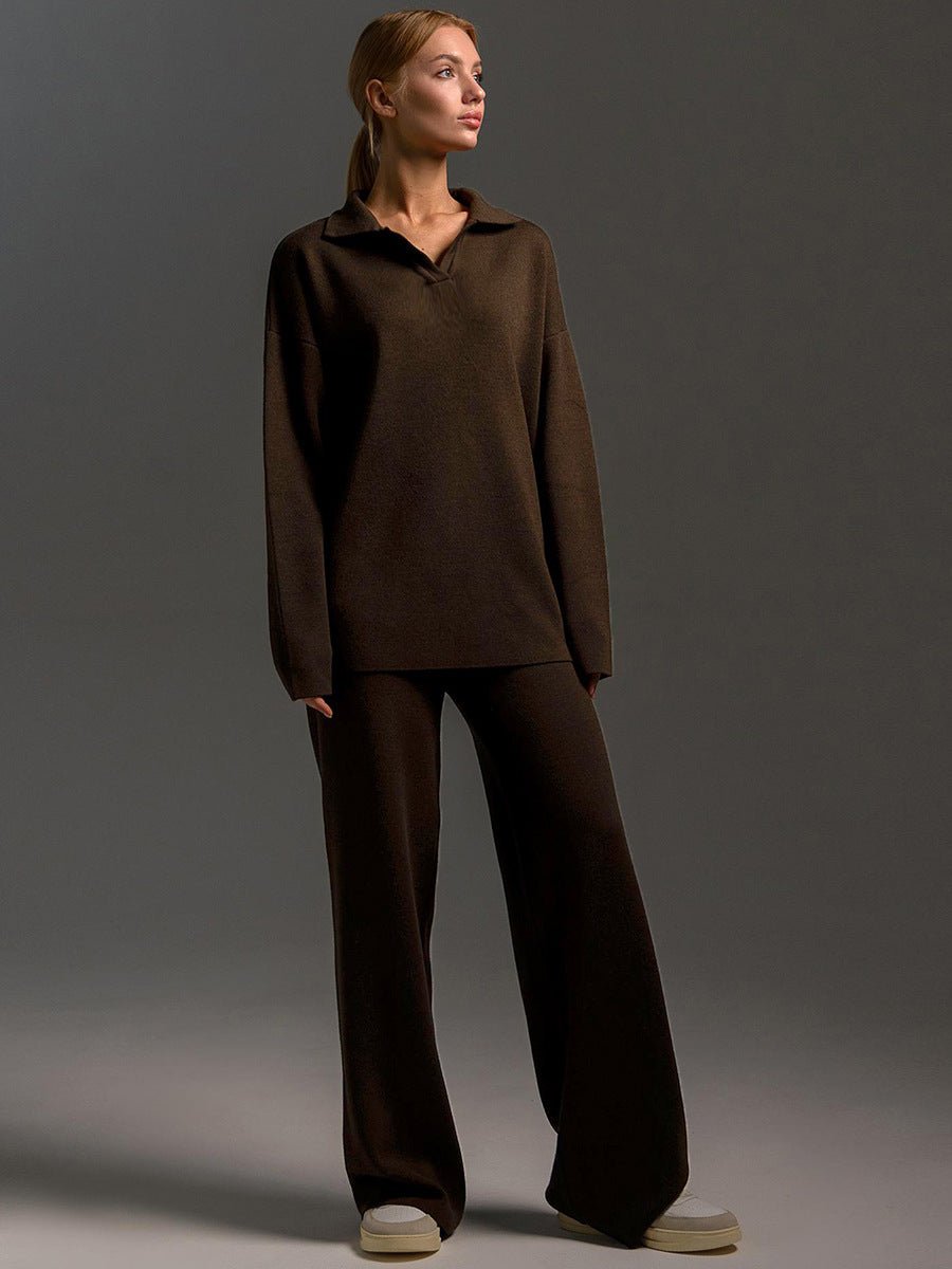 Polo Collar Knit Pullover & Wide Trousers Set
