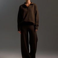 Polo Collar Knit Pullover & Wide Trousers Set