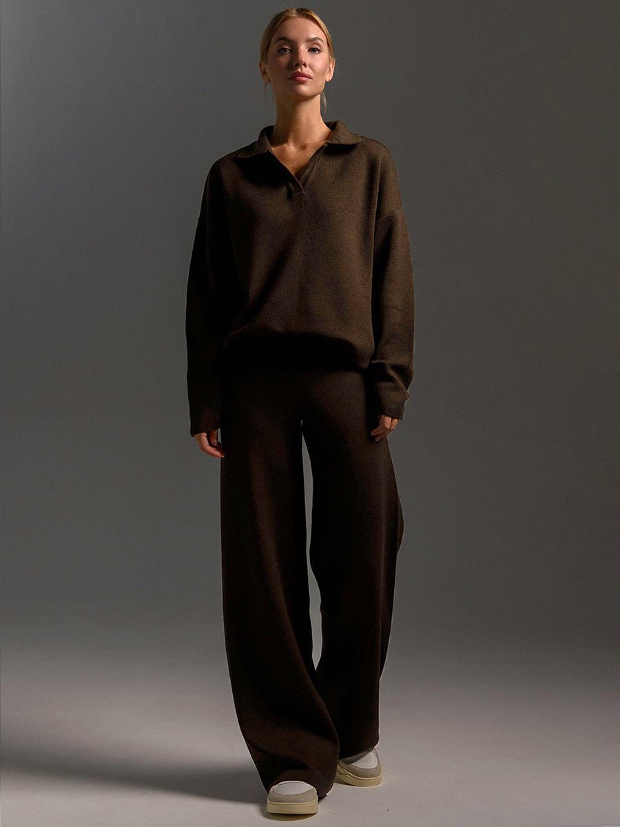 Polo Collar Knit Pullover & Wide Trousers Set