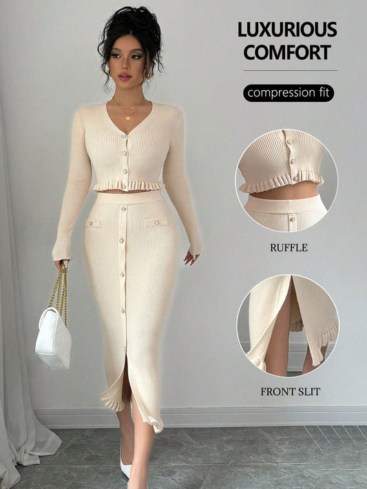 Privé Solid Knit Cardigan & Skirt Set