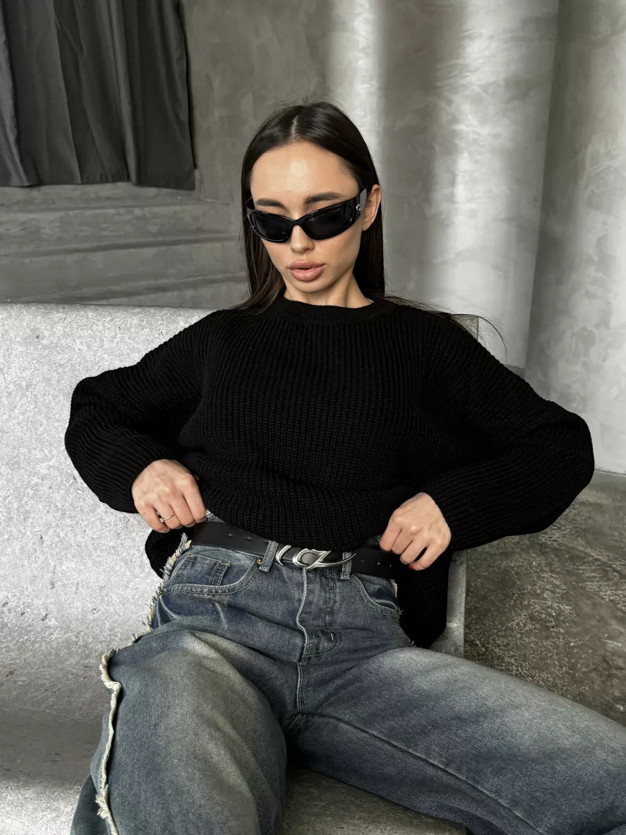 Crew Neck Lantern Sleeve Knit Pullover