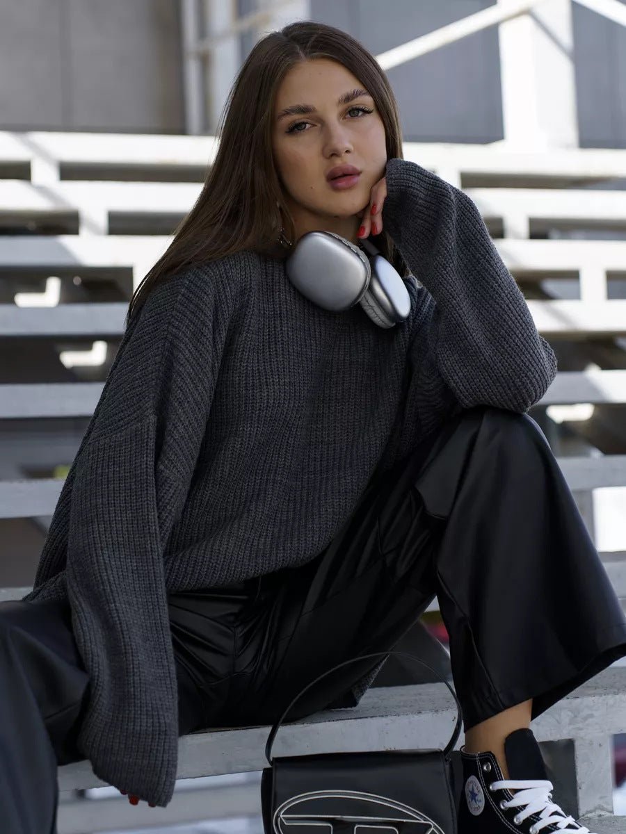 Crew Neck Lantern Sleeve Knit Pullover