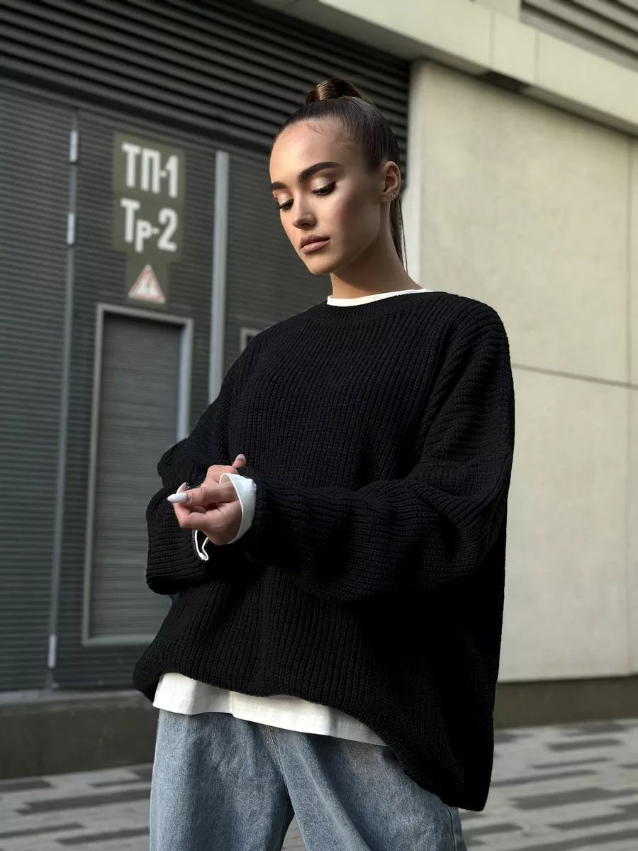 Crew Neck Lantern Sleeve Knit Pullover