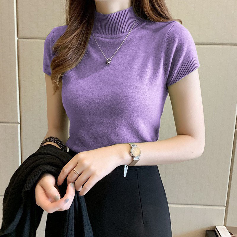 Slim 3/4 Sleeve Semi-Turtleneck Pullover