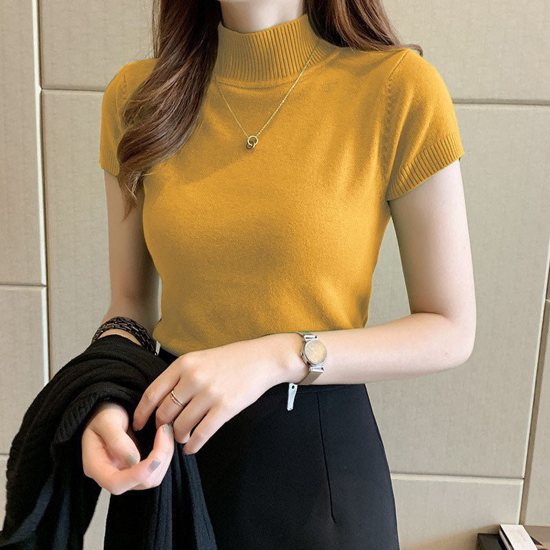 Slim 3/4 Sleeve Semi-Turtleneck Pullover