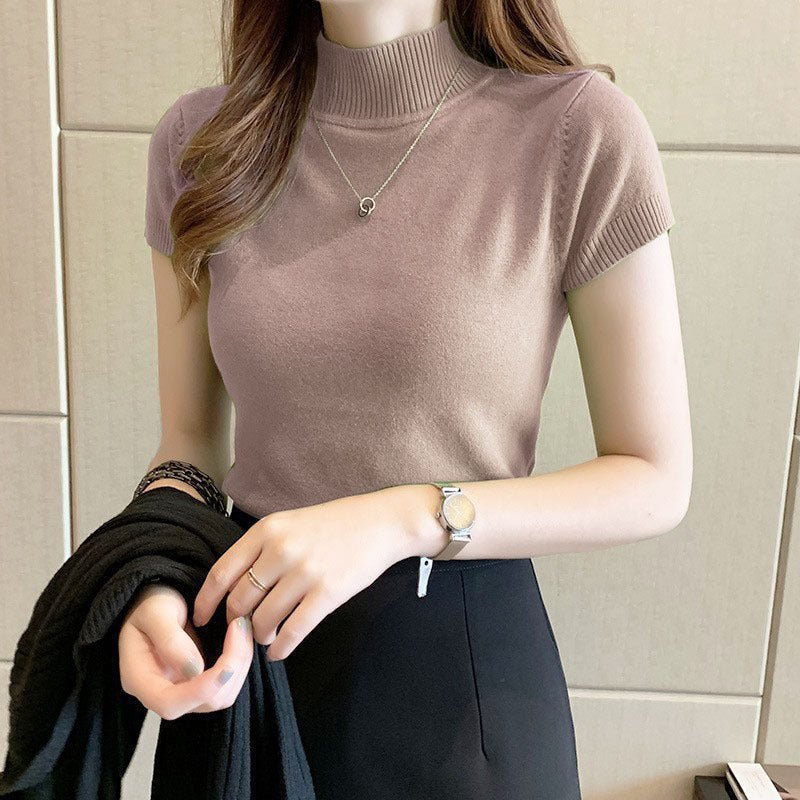 Slim 3/4 Sleeve Semi-Turtleneck Pullover