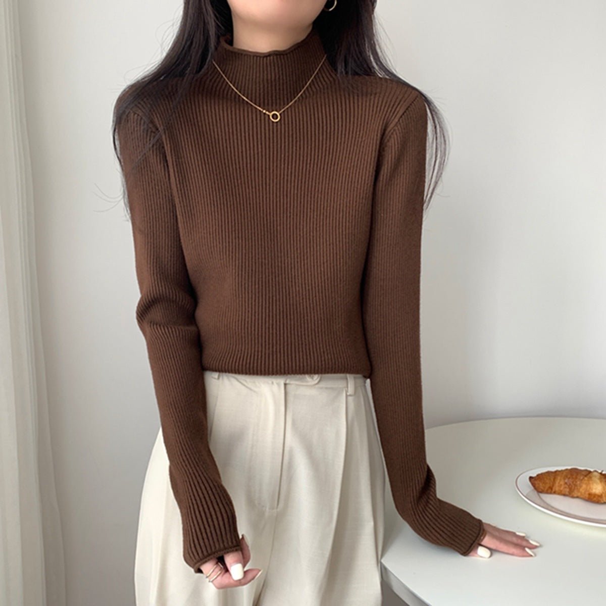 Slim Crimped Semi-Turtleneck Top