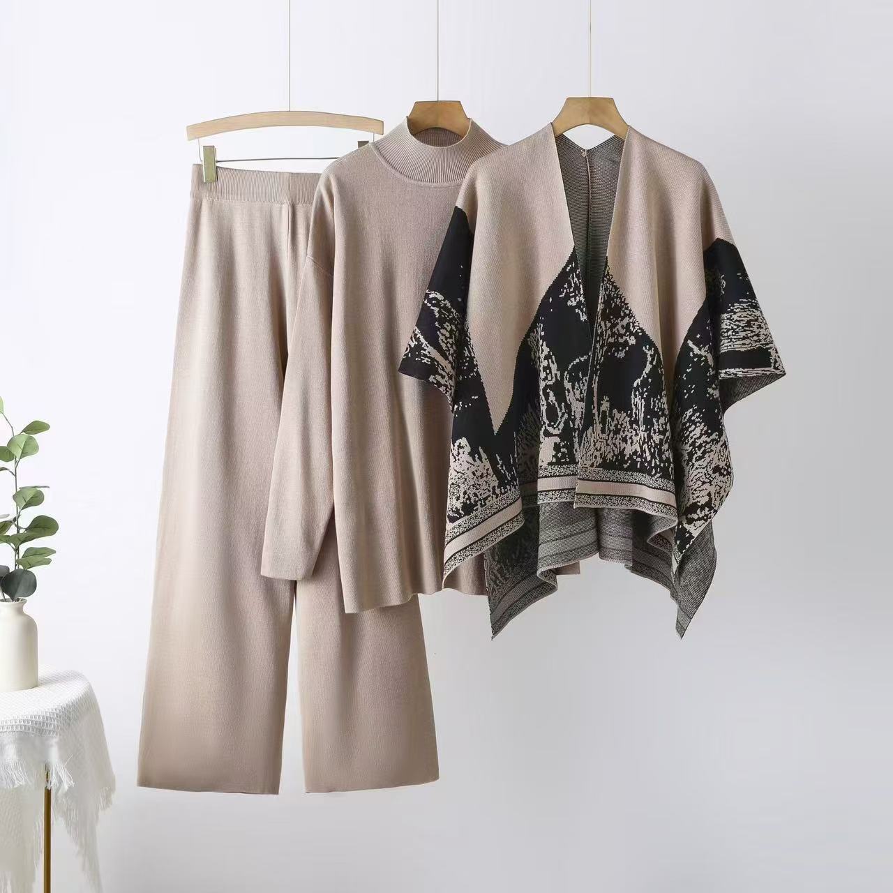 Knit Shawl, Sweater & Wide Pants Set