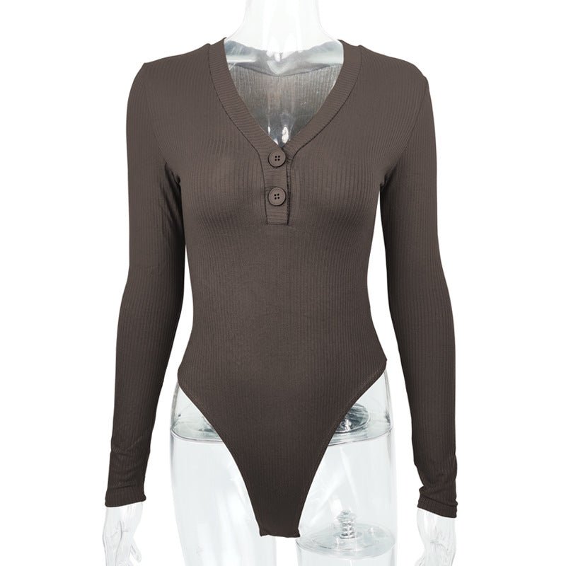 Slim Deep V Button Stripe One-Piece Top