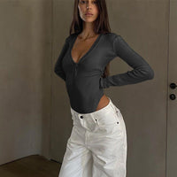 Slim Deep V Button Stripe One-Piece Top