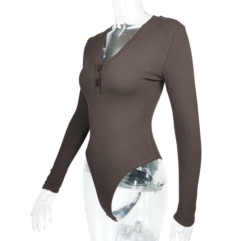 Slim Deep V Button Stripe One-Piece Top