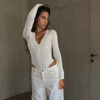 Slim Deep V Button Stripe One-Piece Top