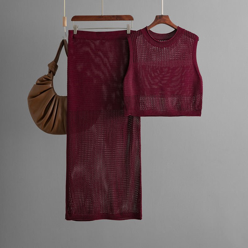 Slim Hollow Vest & Slit Skirt Set