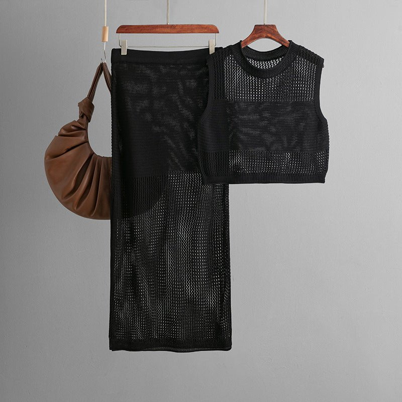 Slim Hollow Vest & Slit Skirt Set