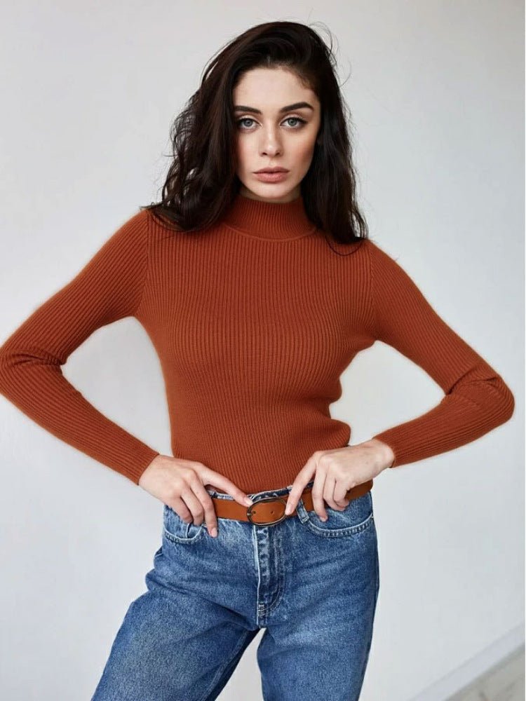 Slim Solid Semi-Turtleneck Winter Top
