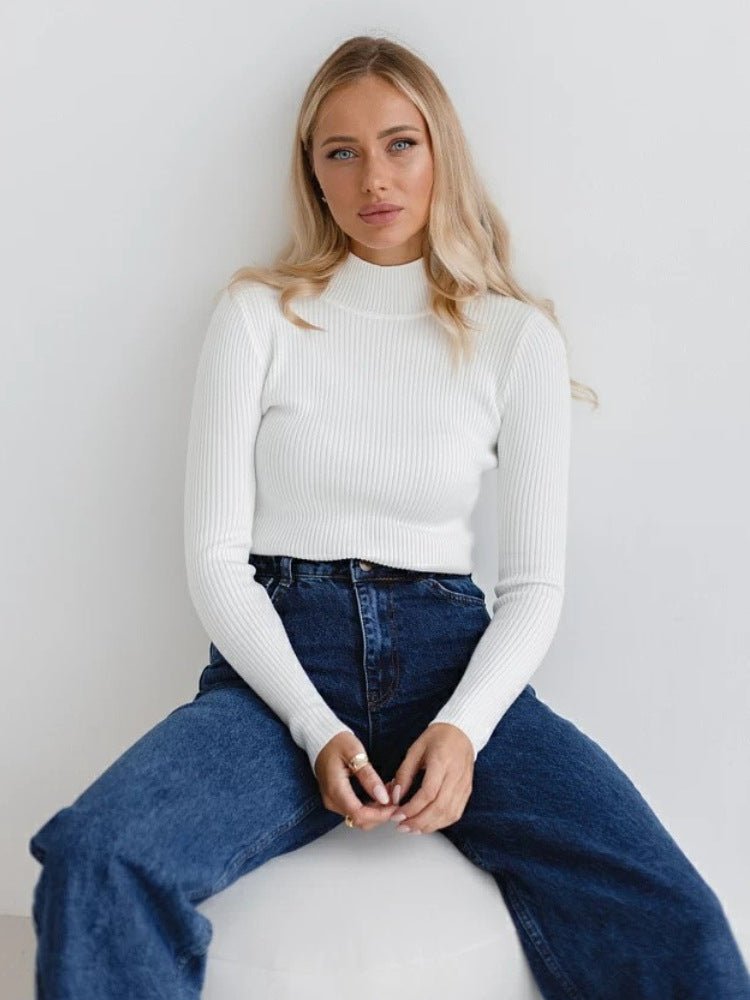 Slim Solid Semi-Turtleneck Winter Top