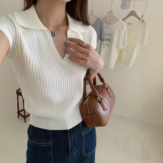 Solid Polo Collar Short Sleeve Knit Top