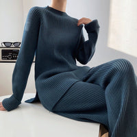 Solid Split Sweater & Wide-Leg Pants Set