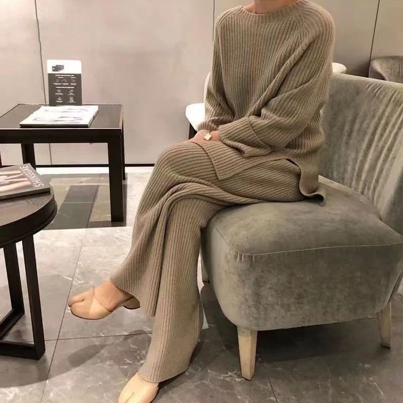Solid Split Sweater & Wide-Leg Pants Set