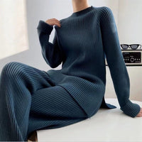 Solid Split Sweater & Wide-Leg Pants Set