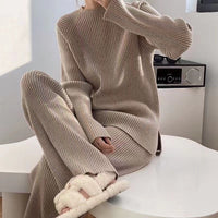 Solid Split Sweater & Wide-Leg Pants Set